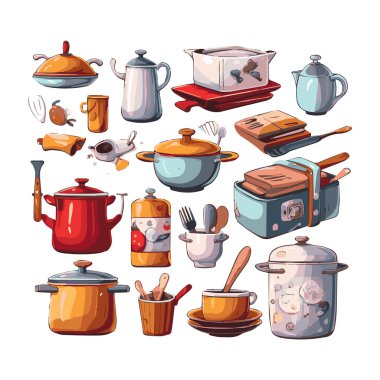 Kitchenware set graphic elements in flat design. Bundle of kettle, ladle, spoon, fork, frying pan, mug, board, bowl, knife, rolling pin, spatula and other utensil. Illustration isolated objects