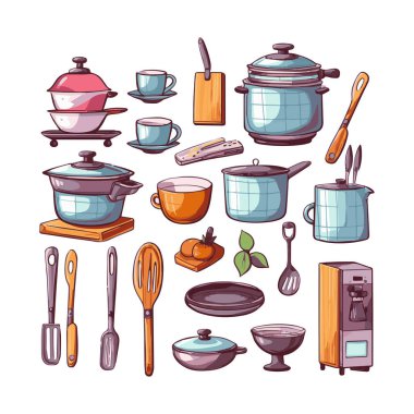 Kitchenware set graphic elements in flat design. Bundle of kettle, ladle, spoon, fork, frying pan, mug, board, bowl, knife, rolling pin, spatula and other utensil. Illustration isolated objects
