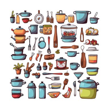 Kitchenware set graphic elements in flat design. Bundle of kettle, ladle, spoon, fork, frying pan, mug, board, bowl, knife, rolling pin, spatula and other utensil. Illustration isolated objects