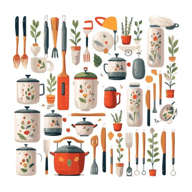 Kitchenware set graphic elements in flat design. Bundle of kettle, ladle, spoon, fork, frying pan, mug, board, bowl, knife, rolling pin, spatula and other utensil. Illustration isolated objects