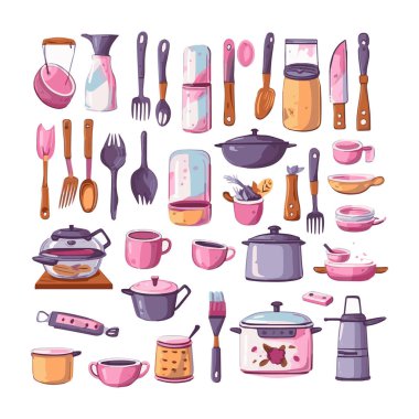 Kitchenware set graphic elements in flat design. Bundle of kettle, ladle, spoon, fork, frying pan, mug, board, bowl, knife, rolling pin, spatula and other utensil. Illustration isolated objects