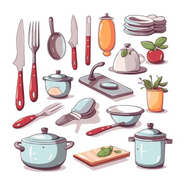 Kitchenware set graphic elements in flat design. Bundle of kettle, ladle, spoon, fork, frying pan, mug, board, bowl, knife, rolling pin, spatula and other utensil. Illustration isolated objects