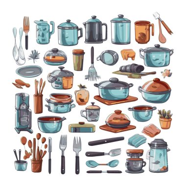 Kitchenware set graphic elements in flat design. Bundle of kettle, ladle, spoon, fork, frying pan, mug, board, bowl, knife, rolling pin, spatula and other utensil. Illustration isolated objects