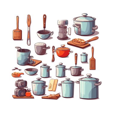 Kitchenware set graphic elements in flat design. Bundle of kettle, ladle, spoon, fork, frying pan, mug, board, bowl, knife, rolling pin, spatula and other utensil. Illustration isolated objects