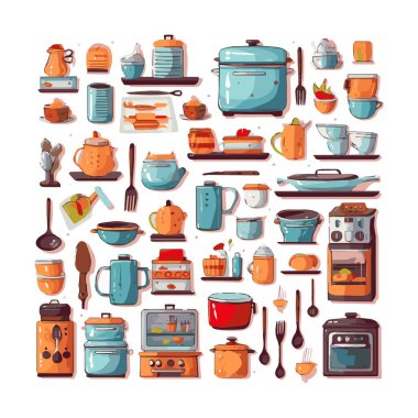 Kitchenware set graphic elements in flat design. Bundle of kettle, ladle, spoon, fork, frying pan, mug, board, bowl, knife, rolling pin, spatula and other utensil. Illustration isolated objects