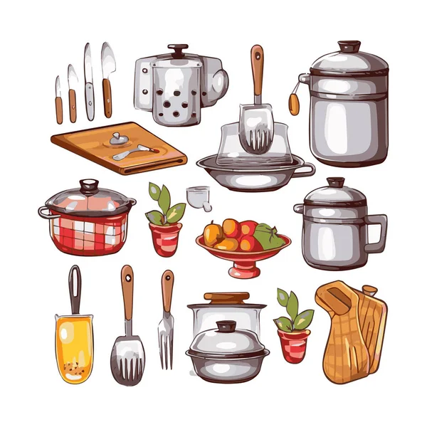 Kitchenware Set Graphic Elements Flat Design Bundle Kettle Ladle Spoon — Vetor de Stock