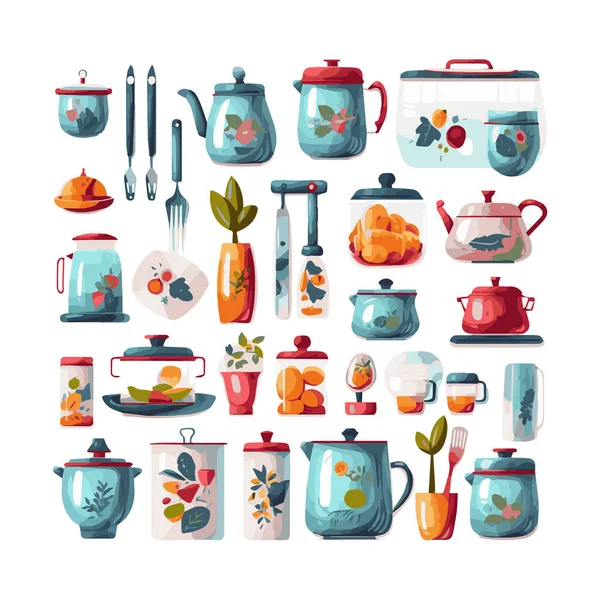 Kitchenware set graphic elements in flat design. Bundle of kettle, ladle, spoon, fork, frying pan, mug, board, bowl, knife, rolling pin, spatula and other utensil. Illustration isolated objects