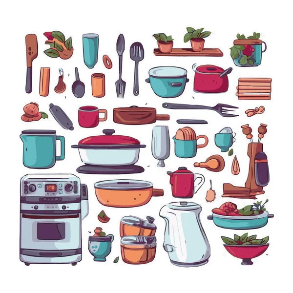 Kitchenware Set Graphic Elements Flat Design Bundle Kettle Ladle Spoon — Vettoriale Stock