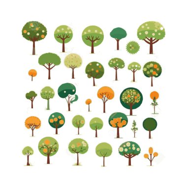 Ağaçlar düz vektör çizimleri ayarlandı. Egzotik plaj bitkileri izole edilmiş tasarım elementleri. Yeşil yapraklar beyaz arkaplanda dallar ve gövde koleksiyonu yapar.