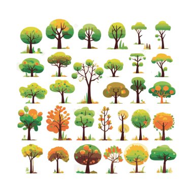 Ağaçlar düz vektör çizimleri ayarlandı. Egzotik plaj bitkileri izole edilmiş tasarım elementleri. Yeşil yapraklar beyaz arkaplanda dallar ve gövde koleksiyonu yapar.