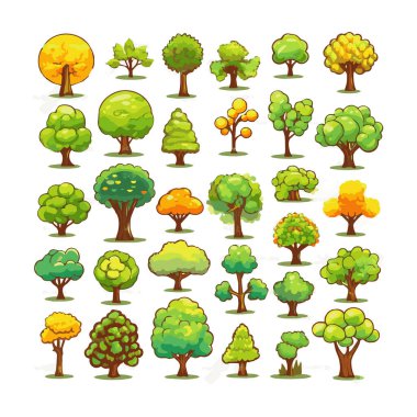 Ağaçlar düz vektör çizimleri ayarlandı. Egzotik plaj bitkileri izole edilmiş tasarım elementleri. Yeşil yapraklar beyaz arkaplanda dallar ve gövde koleksiyonu yapar.