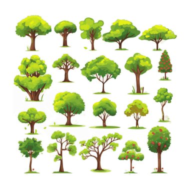 Ağaçlar düz vektör çizimleri ayarlandı. Egzotik plaj bitkileri izole edilmiş tasarım elementleri. Yeşil yapraklar beyaz arkaplanda dallar ve gövde koleksiyonu yapar.