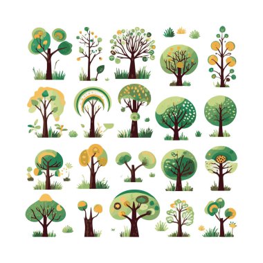 Ağaçlar düz vektör çizimleri ayarlandı. Egzotik plaj bitkileri izole edilmiş tasarım elementleri. Yeşil yapraklar beyaz arkaplanda dallar ve gövde koleksiyonu yapar.