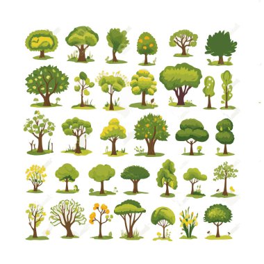 Ağaçlar düz vektör çizimleri ayarlandı. Egzotik plaj bitkileri izole edilmiş tasarım elementleri. Yeşil yapraklar beyaz arkaplanda dallar ve gövde koleksiyonu yapar.