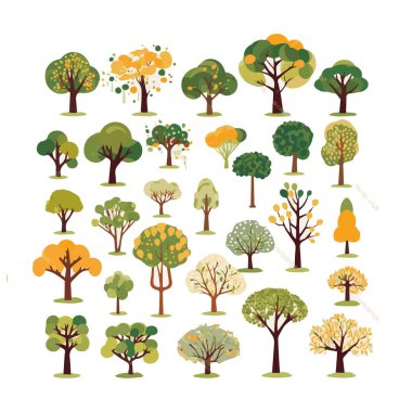 Ağaçlar düz vektör çizimleri ayarlandı. Egzotik plaj bitkileri izole edilmiş tasarım elementleri. Yeşil yapraklar beyaz arkaplanda dallar ve gövde koleksiyonu yapar.