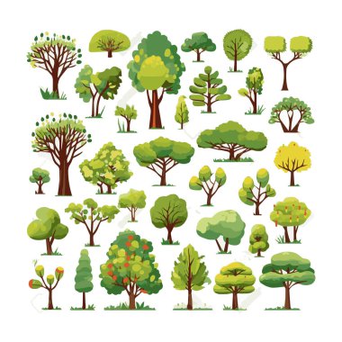 Ağaçlar düz vektör çizimleri ayarlandı. Egzotik plaj bitkileri izole edilmiş tasarım elementleri. Yeşil yapraklar beyaz arkaplanda dallar ve gövde koleksiyonu yapar.