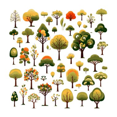 Ağaçlar düz vektör çizimleri ayarlandı. Egzotik plaj bitkileri izole edilmiş tasarım elementleri. Yeşil yapraklar beyaz arkaplanda dallar ve gövde koleksiyonu yapar.