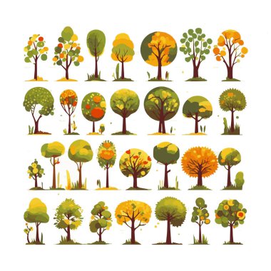 Ağaçlar düz vektör çizimleri ayarlandı. Egzotik plaj bitkileri izole edilmiş tasarım elementleri. Yeşil yapraklar beyaz arkaplanda dallar ve gövde koleksiyonu yapar.