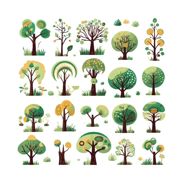 树平面向量图集 奇异的海滩植物隔离设计元素包 绿色叶子 白色背景的卡通系列 — 图库矢量图片