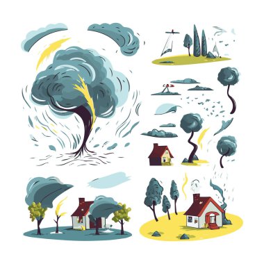 Doğal afet 3 düz yatay afiş dondurucu yağmur buz fırtınası ve tornado soyut izole vektör illüstrasyon ile ayarlayın