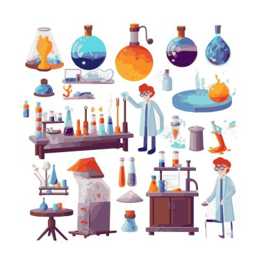 Scientists with simple characters are experimenting with huge experimental equipment. flat design style minimal vector illustration.