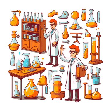 Scientists with simple characters are experimenting with huge experimental equipment. flat design style minimal vector illustration.