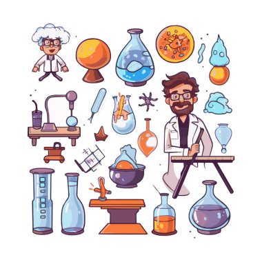 Scientists with simple characters are experimenting with huge experimental equipment. flat design style minimal vector illustration.