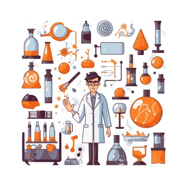 Scientists with simple characters are experimenting with huge experimental equipment. flat design style minimal vector illustration.