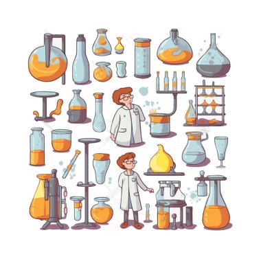 Scientists with simple characters are experimenting with huge experimental equipment. flat design style minimal vector illustration.