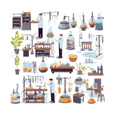 Scientists with simple characters are experimenting with huge experimental equipment. flat design style minimal vector illustration.