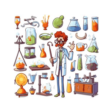 Scientists with simple characters are experimenting with huge experimental equipment. flat design style minimal vector illustration.