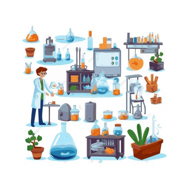 Scientists with simple characters are experimenting with huge experimental equipment. flat design style minimal vector illustration.