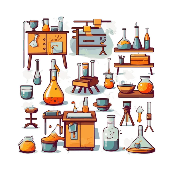 Scientists Simple Characters Experimenting Huge Experimental Equipment Flat Design Style — Stok Vektör