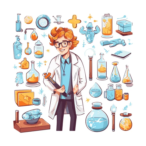 Scientists Simple Characters Experimenting Huge Experimental Equipment Flat Design Style — Stock Vector