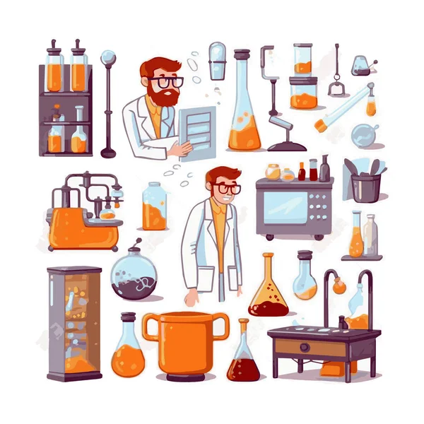 stock vector Scientists with simple characters are experimenting with huge experimental equipment. flat design style minimal vector illustration.