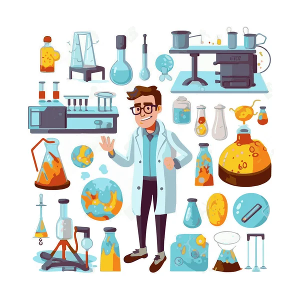 stock vector Scientists with simple characters are experimenting with huge experimental equipment. flat design style minimal vector illustration.