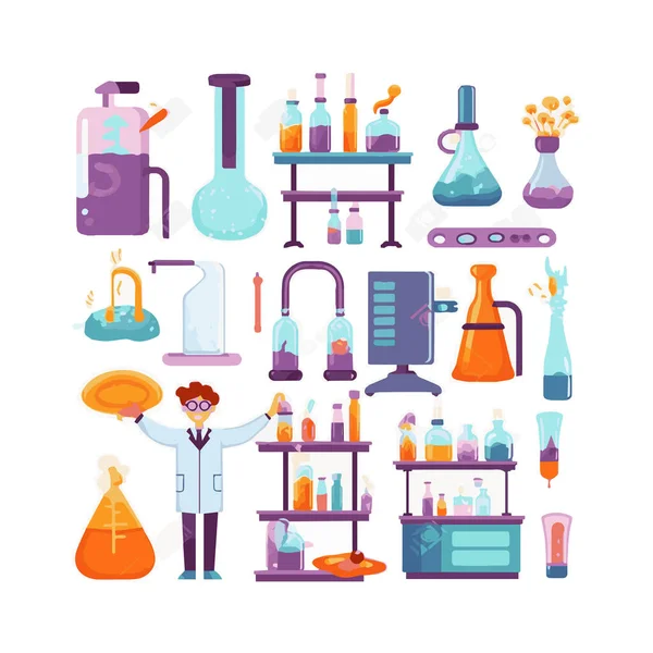 Scientists Simple Characters Experimenting Huge Experimental Equipment Flat Design Style - Stok Vektor