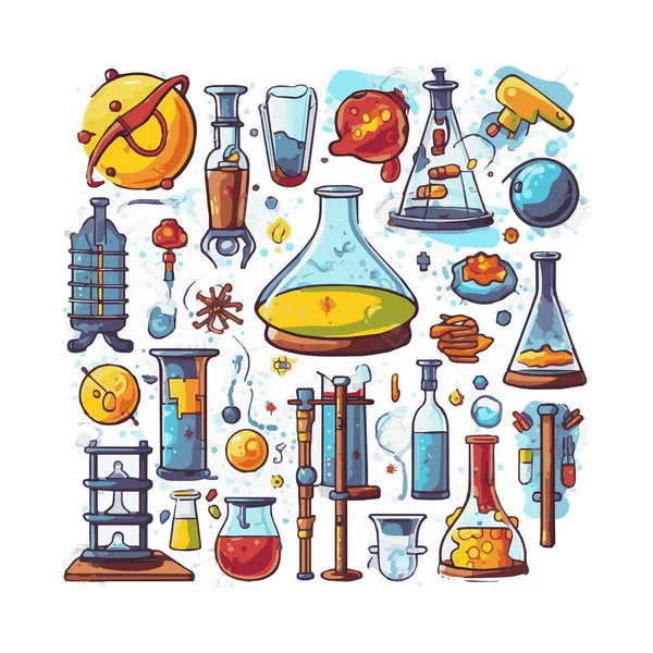Scientists Simple Characters Experimenting Huge Experimental Equipment Flat Design Style - Stok Vektor