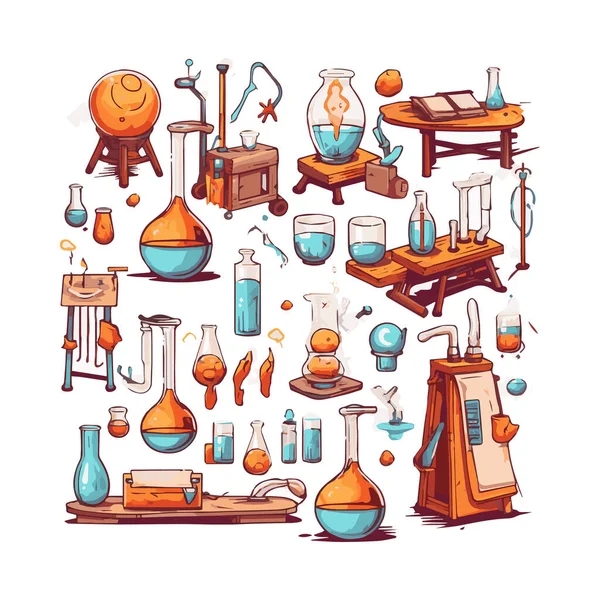 Scientists Simple Characters Experimenting Huge Experimental Equipment Flat Design Style — Stok Vektör