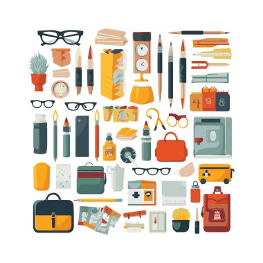 Basit okul gereçleri izole edilmiş beyaz arkaplan