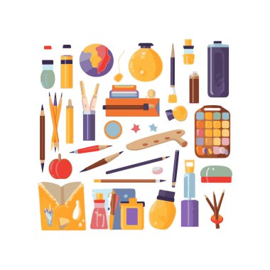 Basit okul gereçleri izole edilmiş beyaz arkaplan