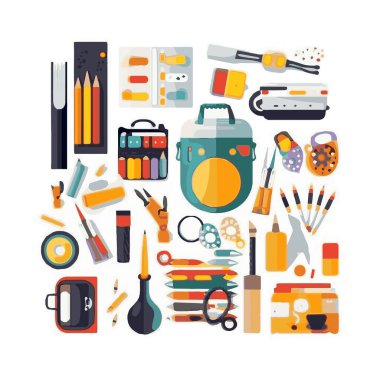 Basit okul gereçleri izole edilmiş beyaz arkaplan