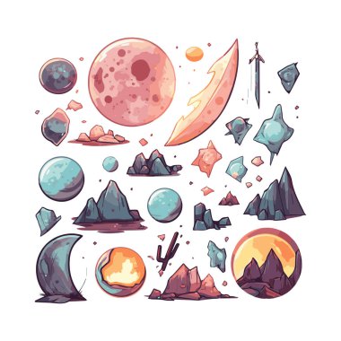 Ay simgesi, gece gökyüzü, çizgi film düz stili, izole vektör çizimi. Çıkartmalar, logo, web ve mobil uygulama için tasarım.