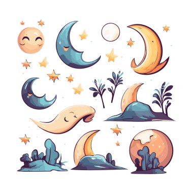 Ay simgesi, gece gökyüzü, çizgi film düz stili, izole vektör çizimi. Çıkartmalar, logo, web ve mobil uygulama için tasarım.