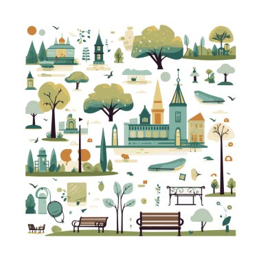 Basit şehir bahçesi unsurları düz tasarım karikatür Beckground, şablon, web için izole beyaz arkaplan