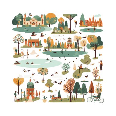 Basit şehir bahçesi unsurları düz tasarım karikatür Beckground, şablon, web için izole beyaz arkaplan