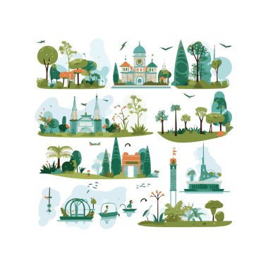 Basit şehir bahçesi unsurları düz tasarım karikatür Beckground, şablon, web için izole beyaz arkaplan