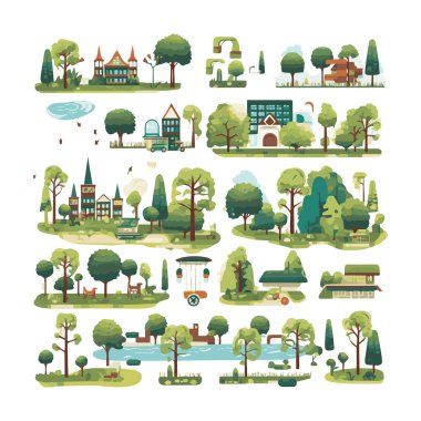 Basit şehir bahçesi unsurları düz tasarım karikatür Beckground, şablon, web için izole beyaz arkaplan
