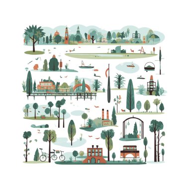 Basit şehir bahçesi unsurları düz tasarım karikatür Beckground, şablon, web için izole beyaz arkaplan