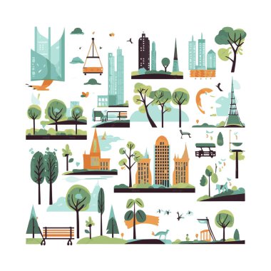 Basit şehir bahçesi unsurları düz tasarım karikatür Beckground, şablon, web için izole beyaz arkaplan